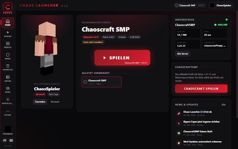 Chaos Launcher – Startseite mit 3D-Skin, Profil und SPIELEN-Button